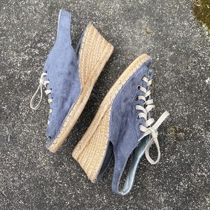 Grey Suede Wedge Shoes With Laces And Ankle Strap